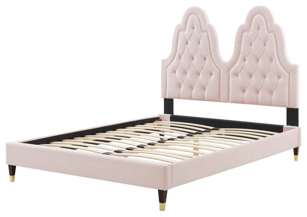 Tufted Platform Bed Frame, Queen Size, Velvet, Pink, Modern Contemporary