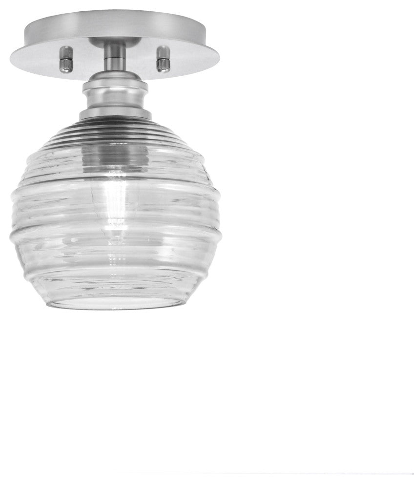 Edge 1 Light Semi-Flush, Brushed Nickel Finish, 6" Clear Ribbed Glass