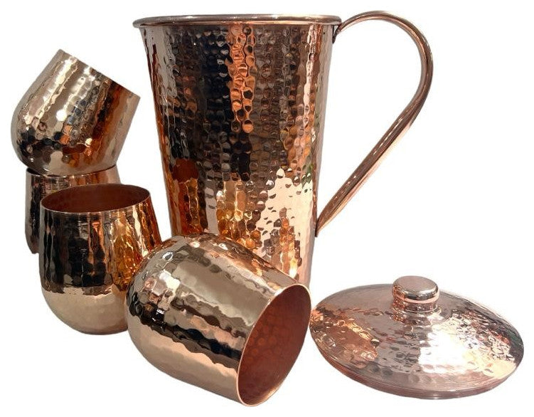 Set of 1 Shiny Copper Pitcher and 4 Tumblers