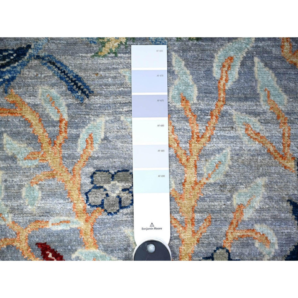 Gray Wool Afghan Peshawar Birds of Paradise Hand Knotted Runner Rug, 2'9"x9'8"