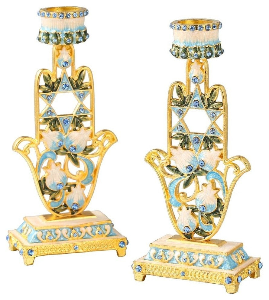 Shabbat Candlestick (2-Piece Set) Hand-Painted  Gold-Plated Pewter