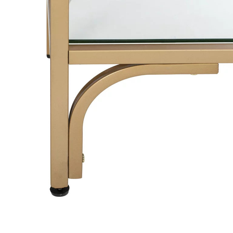 Contemporary Bookcase, Clear Glass Shelves With Geometric Accented Sides, Gold