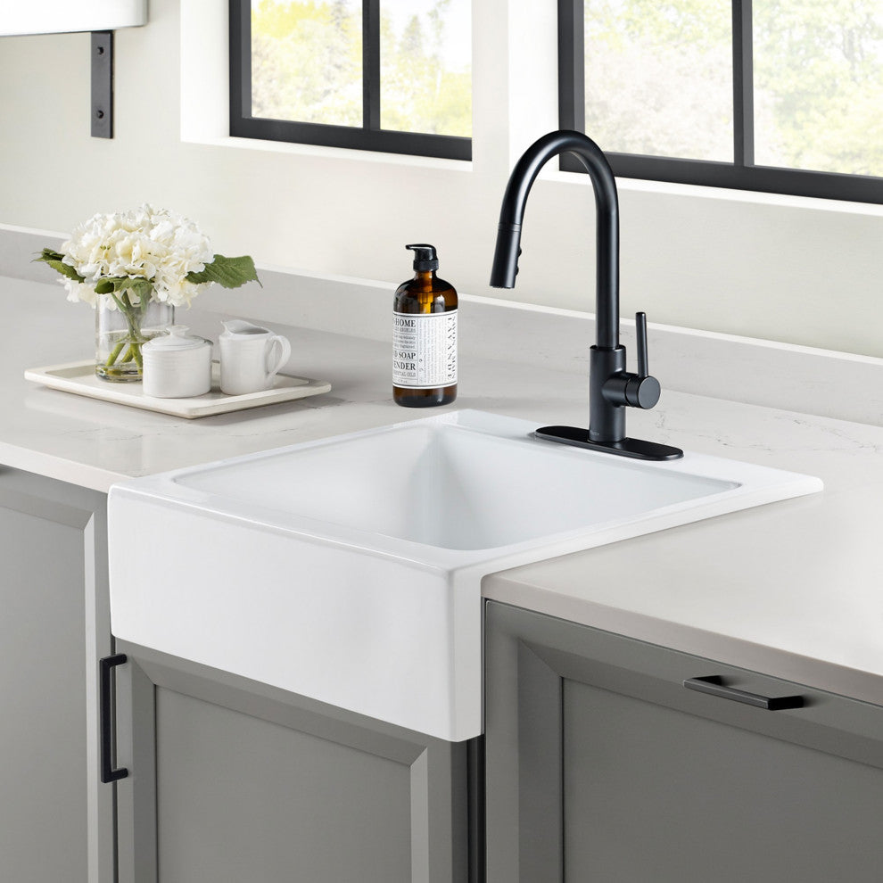 Parker White Fireclay 26" Single Bowl Quick-Fit Drop-In Kitchen Sink, 1 Hole
