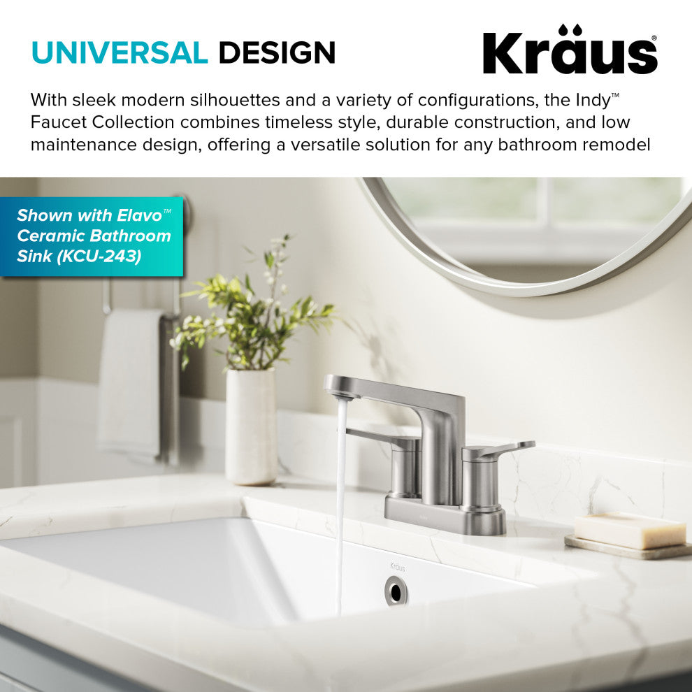 KRAUS Indy 2-Handle 3-Hole Centerset Bathroom Faucet Spot Free BN, PU Drain