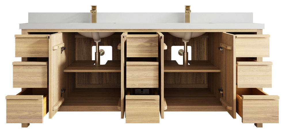 Elizabeth Oak 84" Double Sink Vanity, White 2" White Quartz