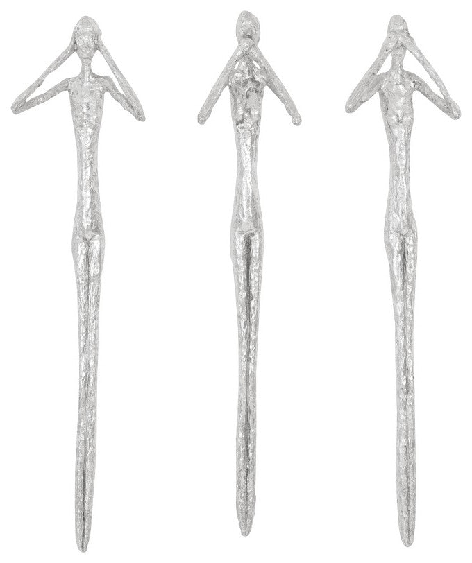 See, Speak, Hear No Evil Wall Art, Resin, 3-Piece Set, Silver Leaf