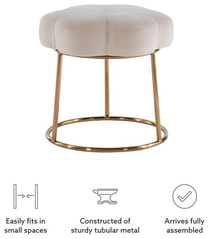 Linon Siena Gold Base Upholstered Flower Shaped Vanity Stool in White Velvet