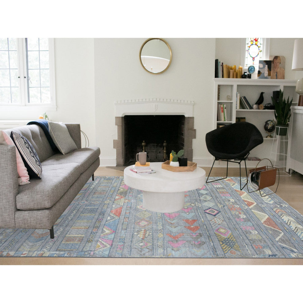 Gray Hand Knotted Inspired With Small Triangular Design Runner Rug, 9'1"x11'8"