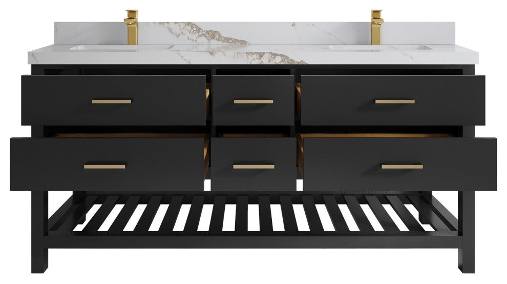 Parker 72" Double Sink Bath Vanity, Black 2" Calacatta Gold