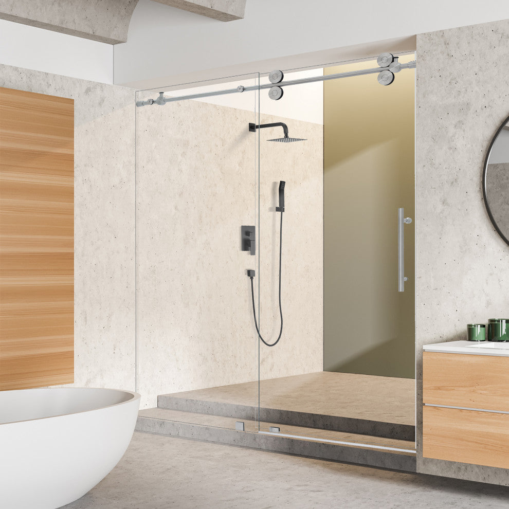 Lazaro Single Sliding Frameless Shower Door, Clear, Brushed Nickel, 68"wx78"h