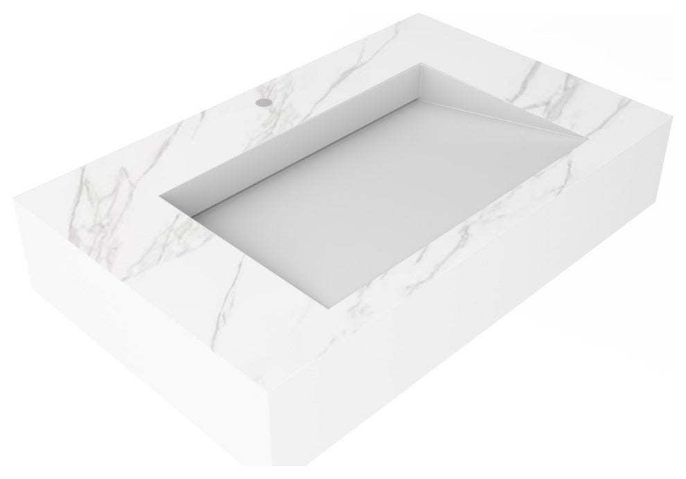 CastelloUSA Pyramid Solid Surface Wall Mounted Ramp Basin Sink, Marble, 30", Standard