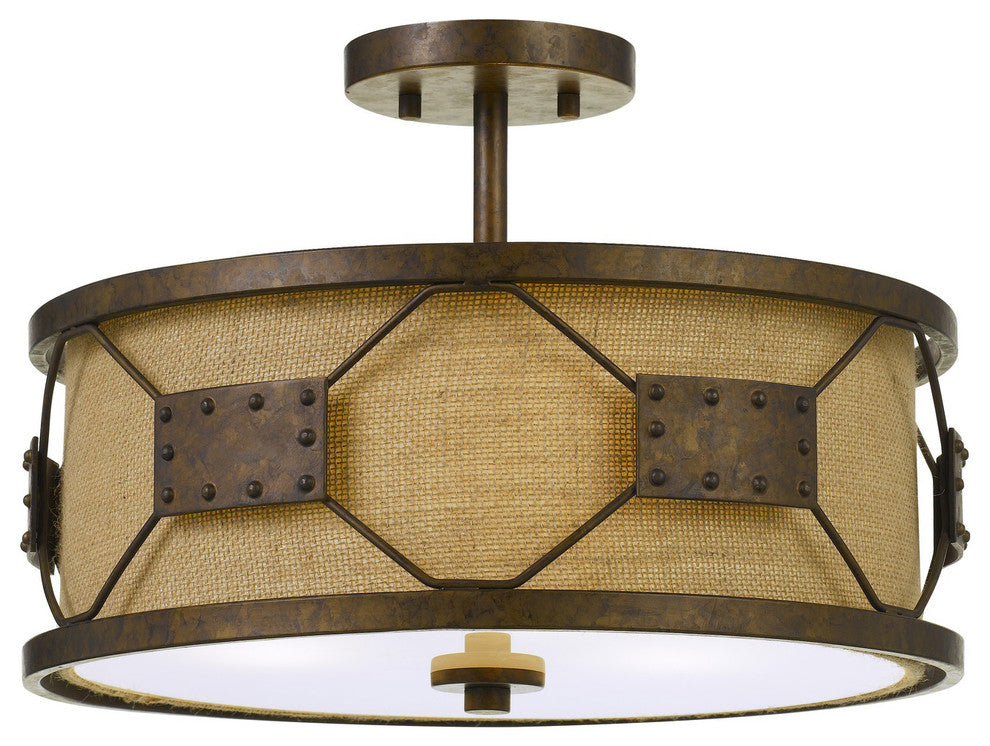 60W Ragusa Metal 2-in-2 Pendant/Semi Flush Mount Fixture With Burlap Shade