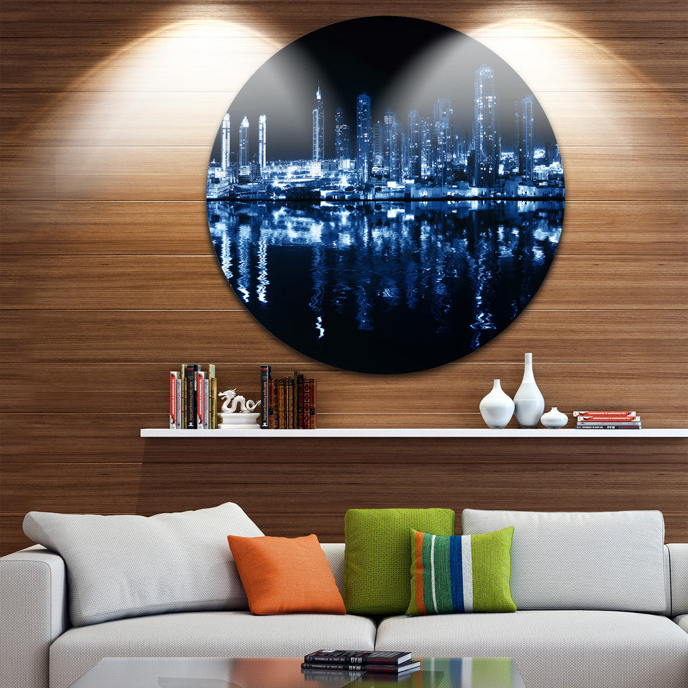 Glowing City At Midnight, Cityscape Photo Round Metal Wall Art, 11"