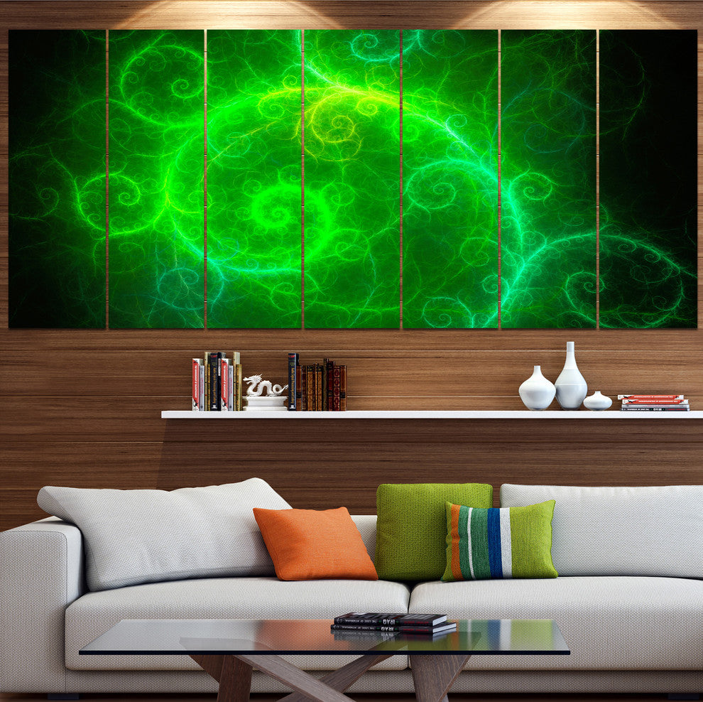 Beautiful Green Pattern on Black, Abstract Wall Art Canvas, 83"x32", 7 Panels
