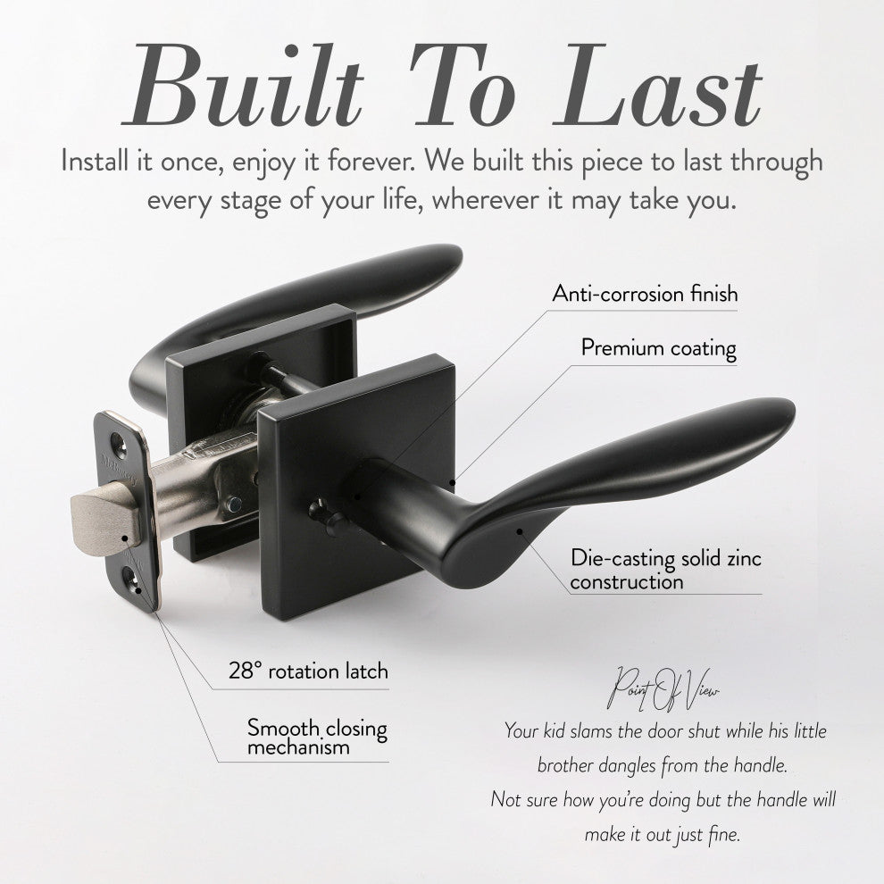 Modern Heavy Duty Designer Interior Door Lever - Lafayette Collection, Matte Black, Passage Right Hand