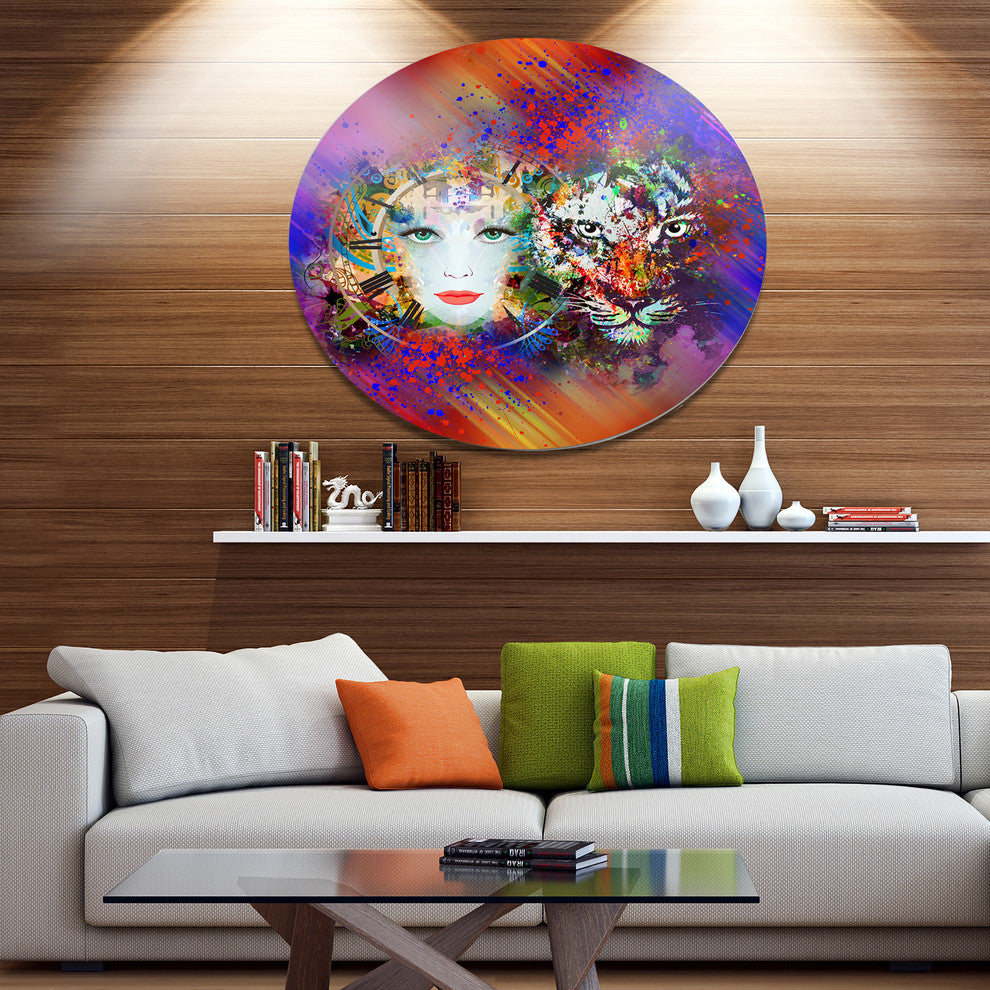 Colorful Tiger And Woman Face, Abstract Disc Metal Artwork, 36"