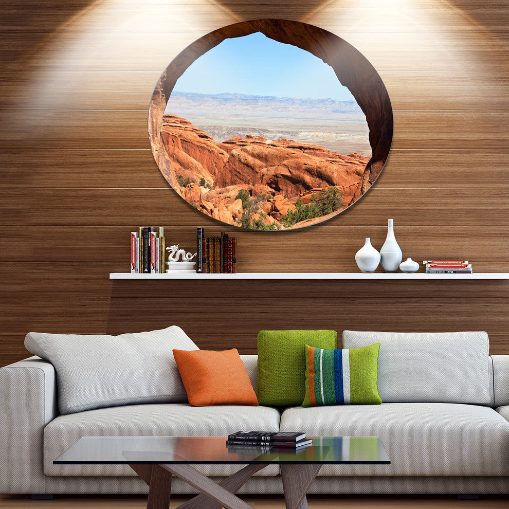 Huge Arch Into Rocky Terrains, Landscape Round Metal Wall Art, 23"