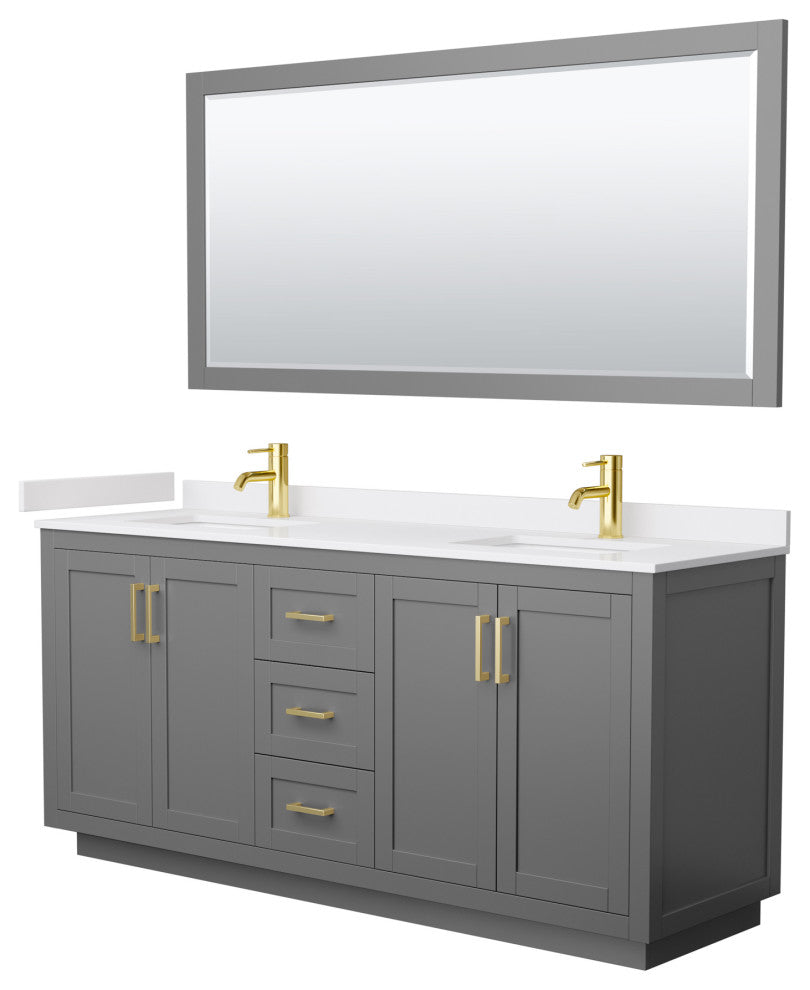 72"DBL Vanity Dark Gray, White Cult. Marble Top, Sinks, Gold Trim, 70"Mirror