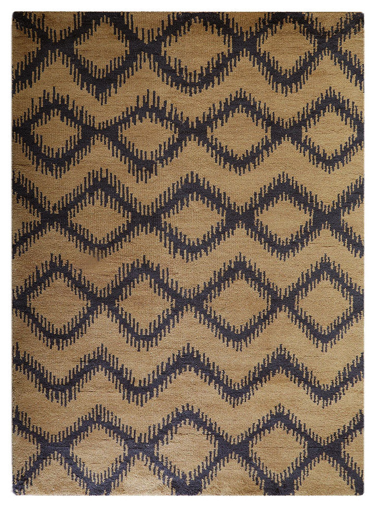 Hand Knotted Wool Area Rug Geometric Gold Charcoal