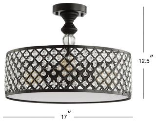 Elise 17" 3-Light Crystal and Metal Drum Semi-Flush Mount, Black