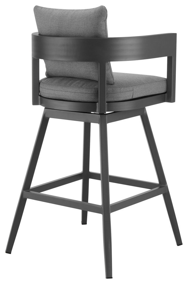 Menorca Outdoor Patio Swivel Bar Stool, Aluminum With Gray Cushions