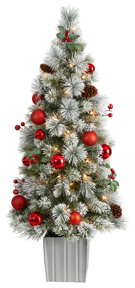 4' Winter Flocked Christmas Tree Pre-Lit With 50 LED Lights, Ornaments, Planter