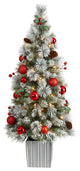 4' Winter Flocked Christmas Tree Pre-Lit With 50 LED Lights, Ornaments, Planter