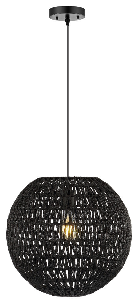 Luna 15.75" 1-Light Bohemian Modern Woven Rattan/Iron LED Pendant, Black