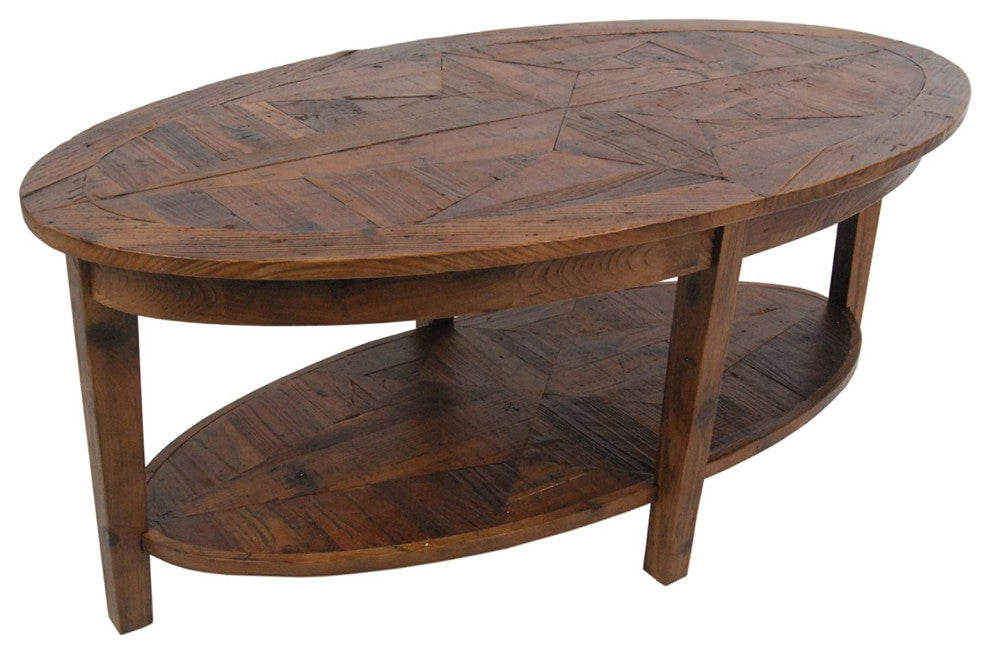 Transitional Reclaimed Wood Coffee Table, Oval Top With Storage Shelf