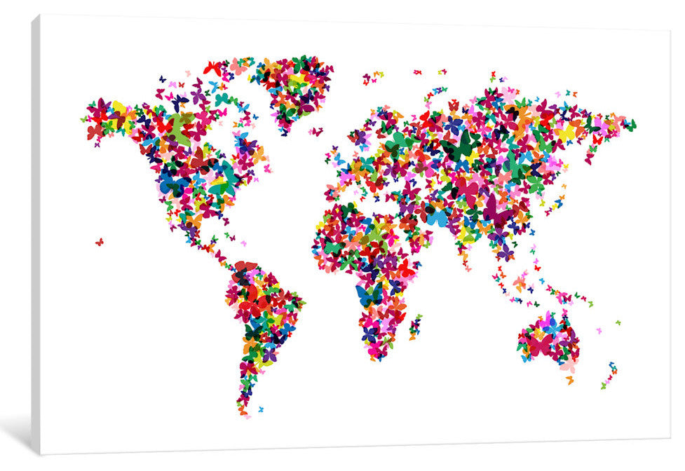 "Butterflies World Map" by Michael Tompsett, 26x18x1.5"