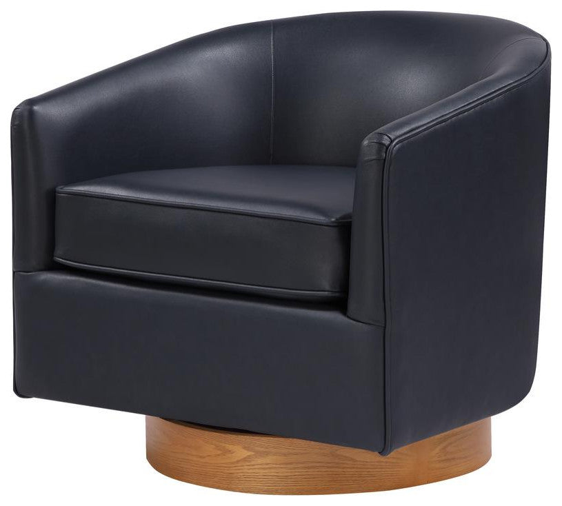 Irving Midnight Blue Faux Leather Wood Base Barrel Swivel Chair