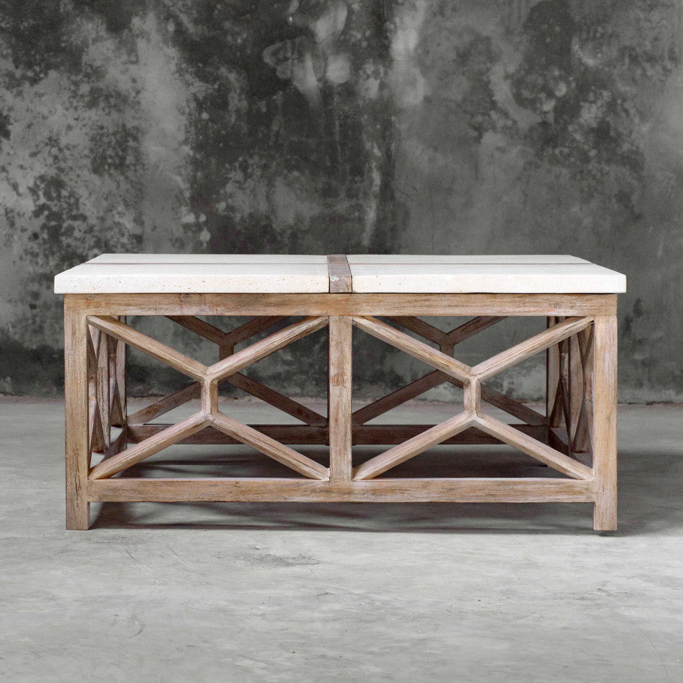 Open Light Weathered Wood Coffee Table Stone Top X Natural Minimalist Square
