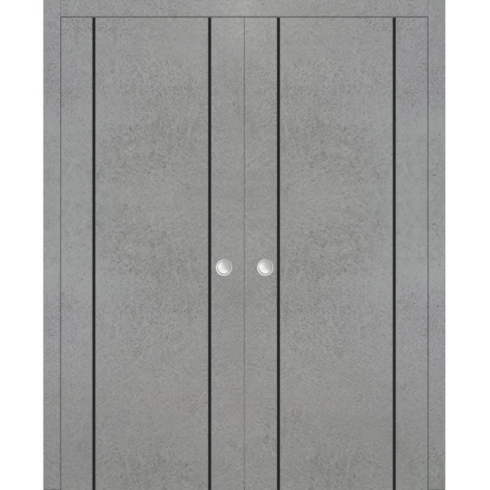 French Double Pocket Doors 36x96 | Planum 0016 Concrete with  | Kit Trims Rail