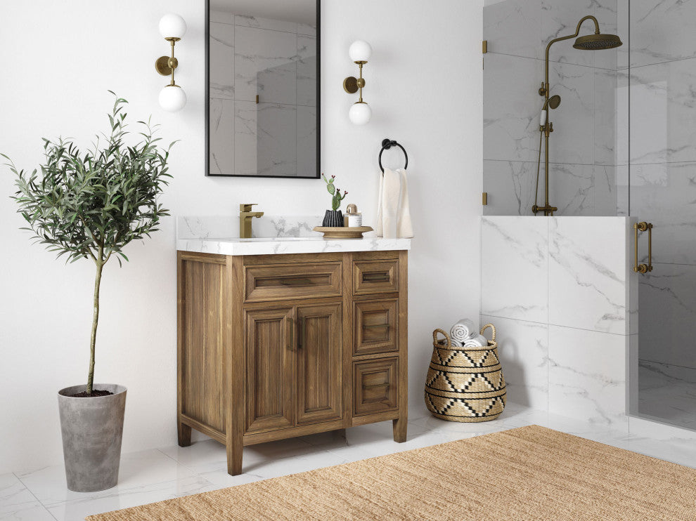 Santa Monica 36 Left Offset  Bath Vanity in Graywashed Teak 2" Calacatta Laza