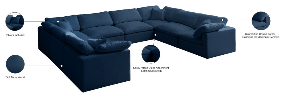 Plush Velvet / Down Standard Comfort 8-Piece U-Shaped Modular Sectional, Navy