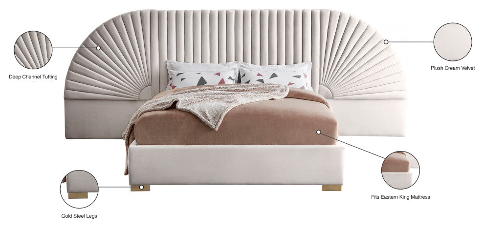 Cleo Velvet Upholstered Bed With Custom Gold Steel Legs, Cream, King