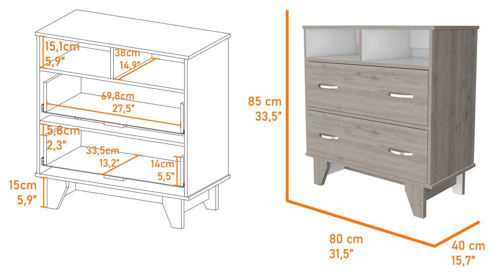 Portobelo Two Drawer Dresser, Two Shelves, Superior Top, Four Legs