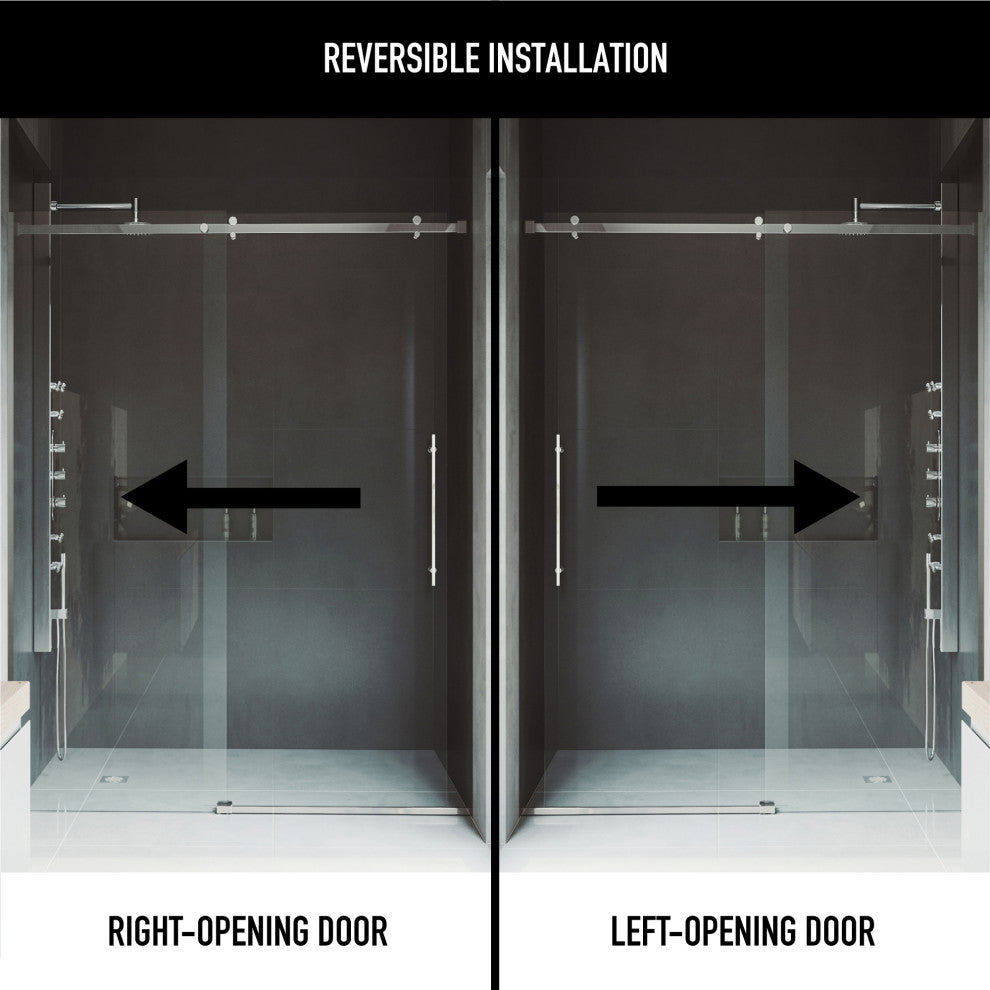 VIGO Luca 56" to 60" W x 79" H Frameless Sliding Shower Door, Stainless Steel, Clear Glass