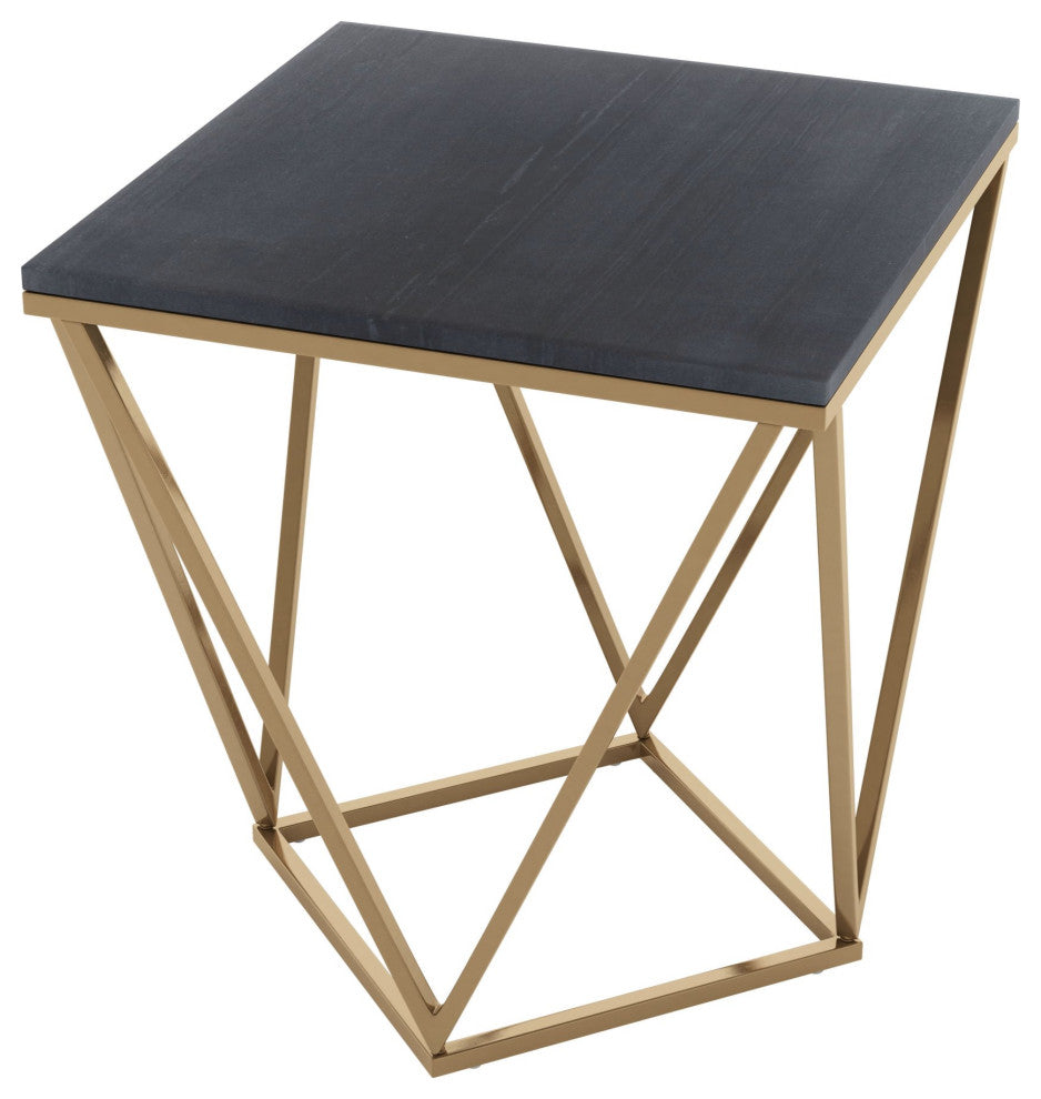Sofa Side Table, Square, Artificial Marble, Iron Metal, Black, Antique Brass