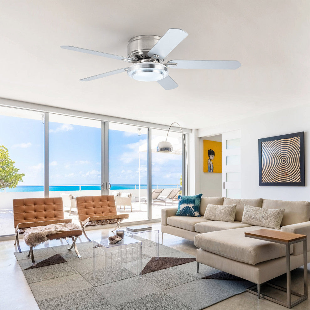 52-inch Modern Satin Nikel Flush Mount Ceiling Fan with Light