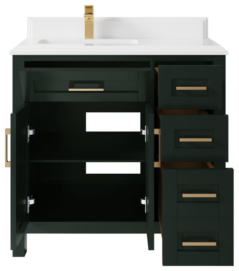 Cambridge 36 Left Offset Bath Vanity in Dark Forest Green 1.5" White Quartz