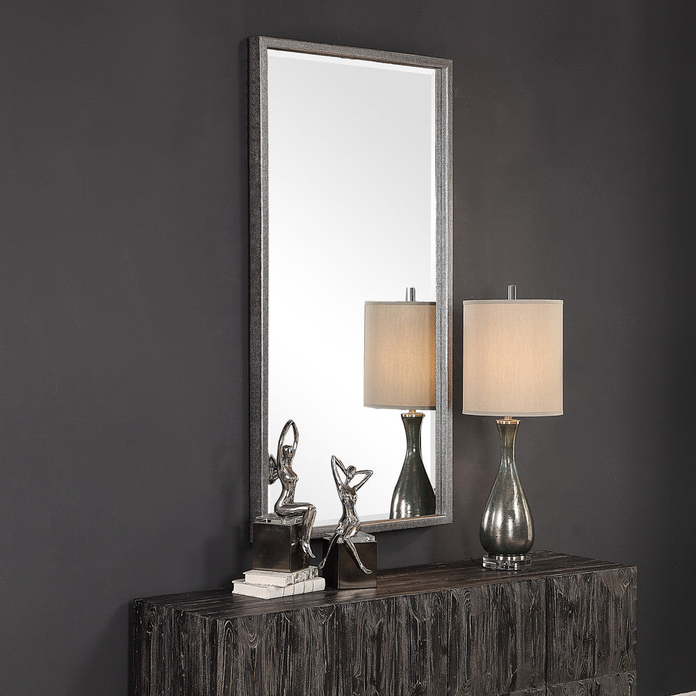 Hammered Metallic Silver Classic Wall Mirror, 62" Large Vanity Mantel Tall