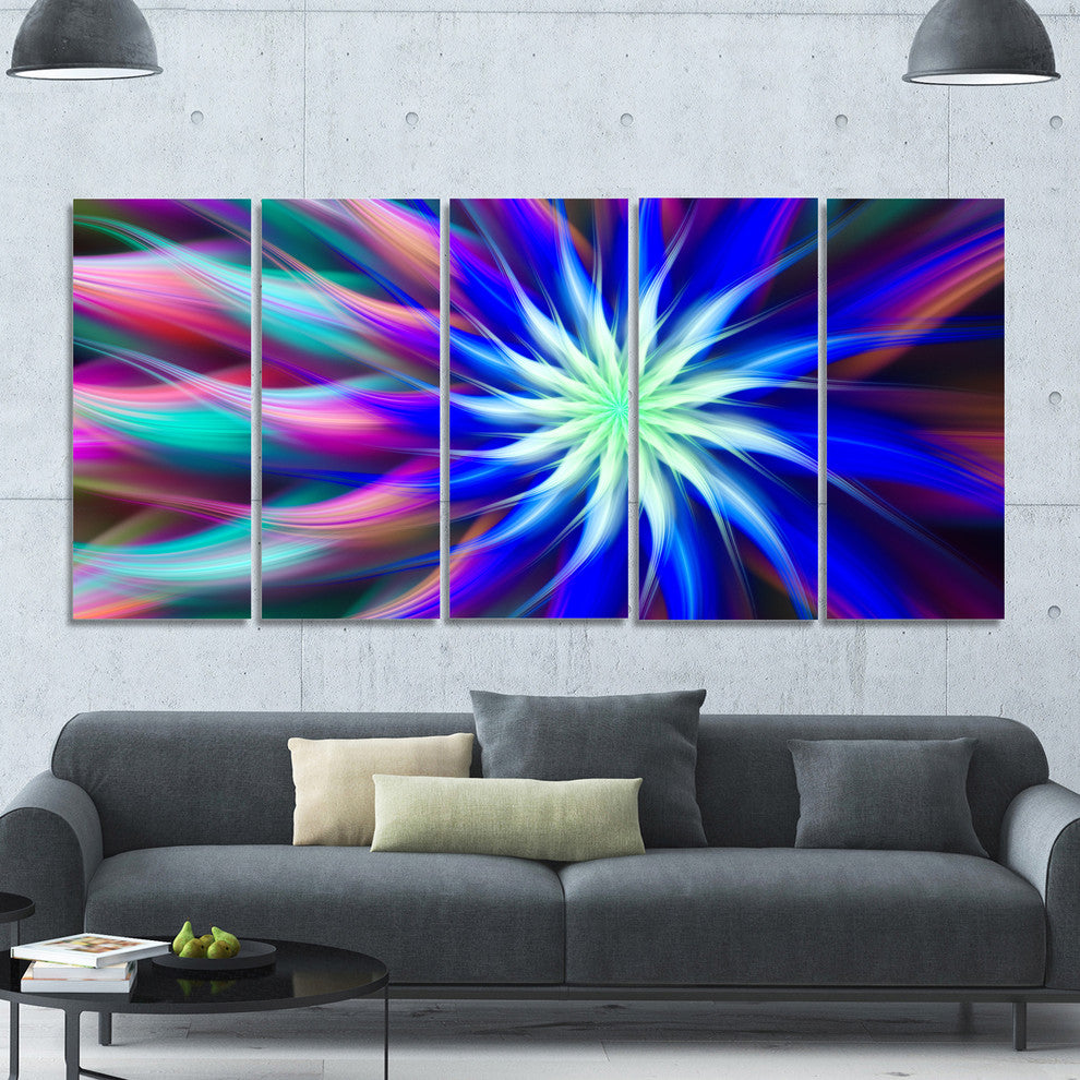 Dance of Bright Spiral Blue Flower, Floral Canvas Art Print, 60"x28", 5 Panels