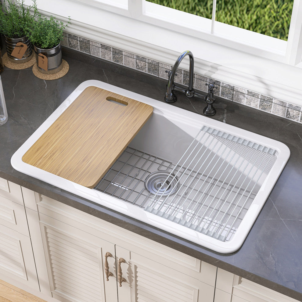 33"Lx22"W Drop-in/Undermount Farmhouse Fireclay Kitchen Sink With Accessories