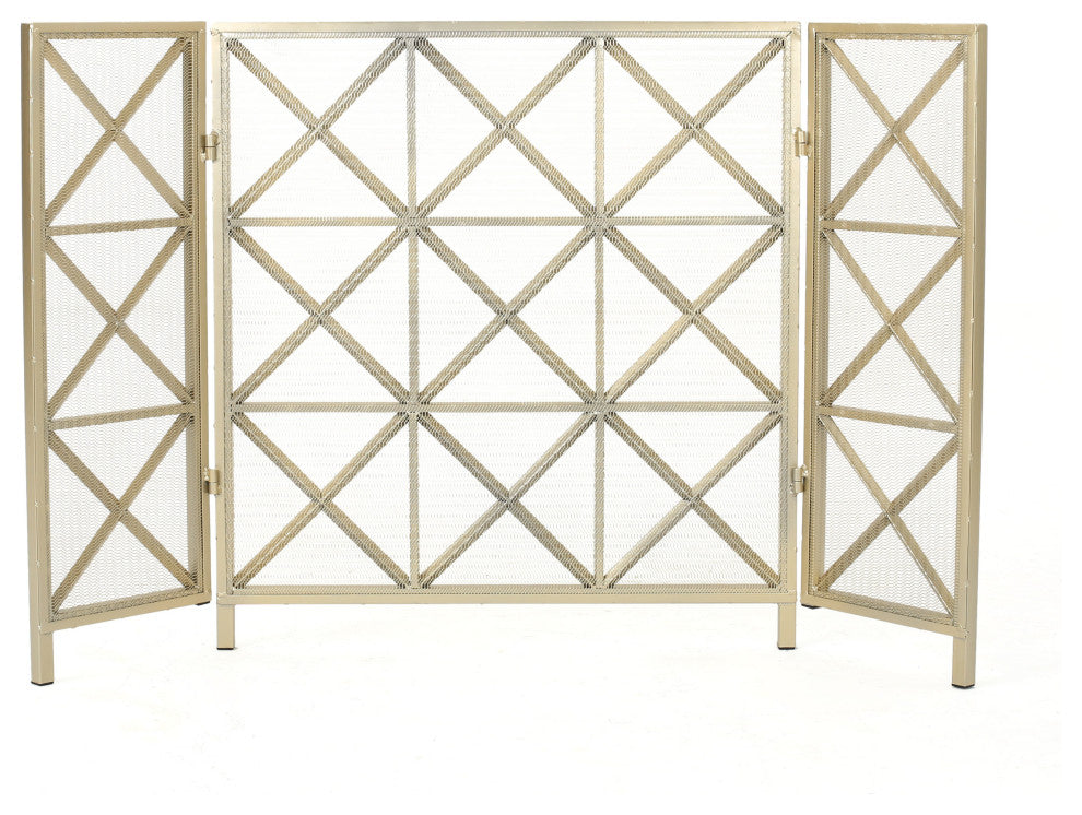 GDF Studio Mandralla 3-Paneled Iron Fireplace Screen, Gold