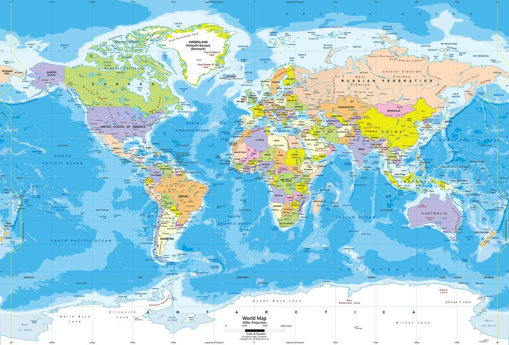 World Political Map Wall Decal, 62"x42"