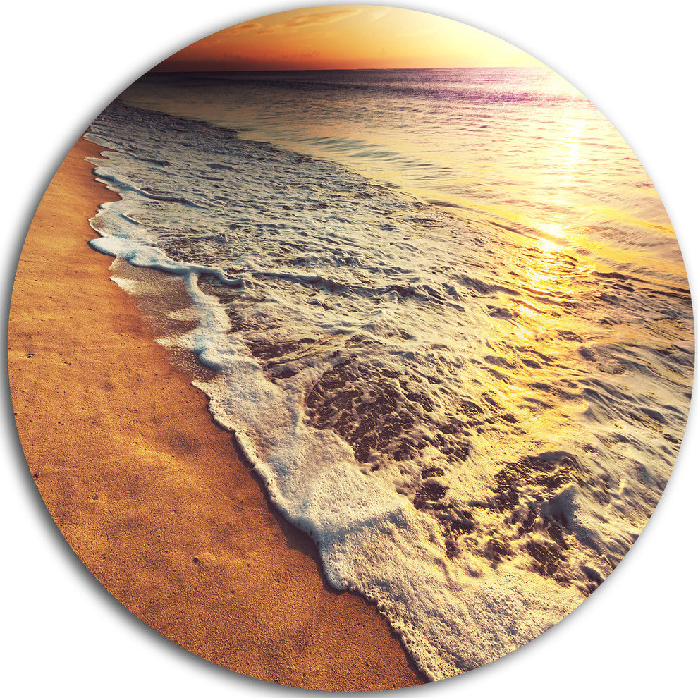Foaming Waves At Sea Sunset, Modern Beach Round Metal Wall Art, 11"