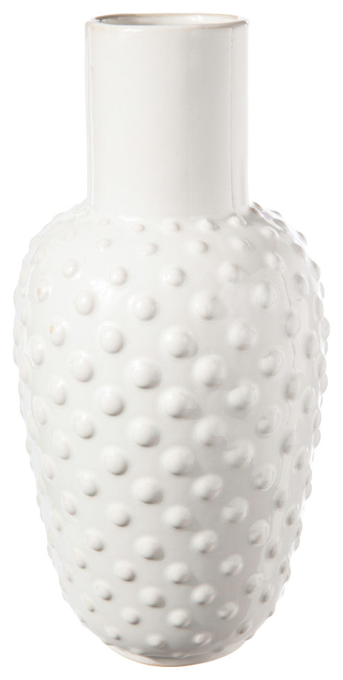 Round Ceramic Vase with Embossed Dotted Pattern Design Gloss White Finish, Large