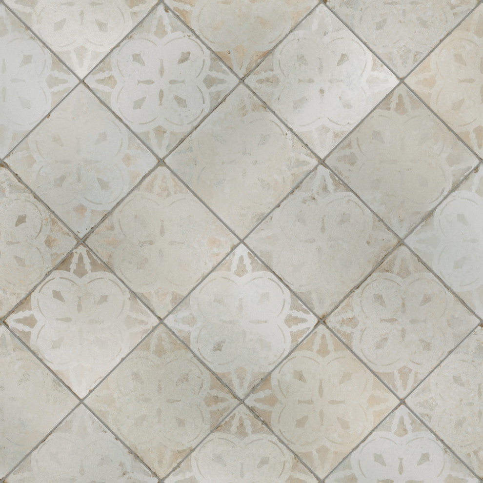 Kings Aurora Encaustic Ceramic Floor and Wall Tile, White, Sample