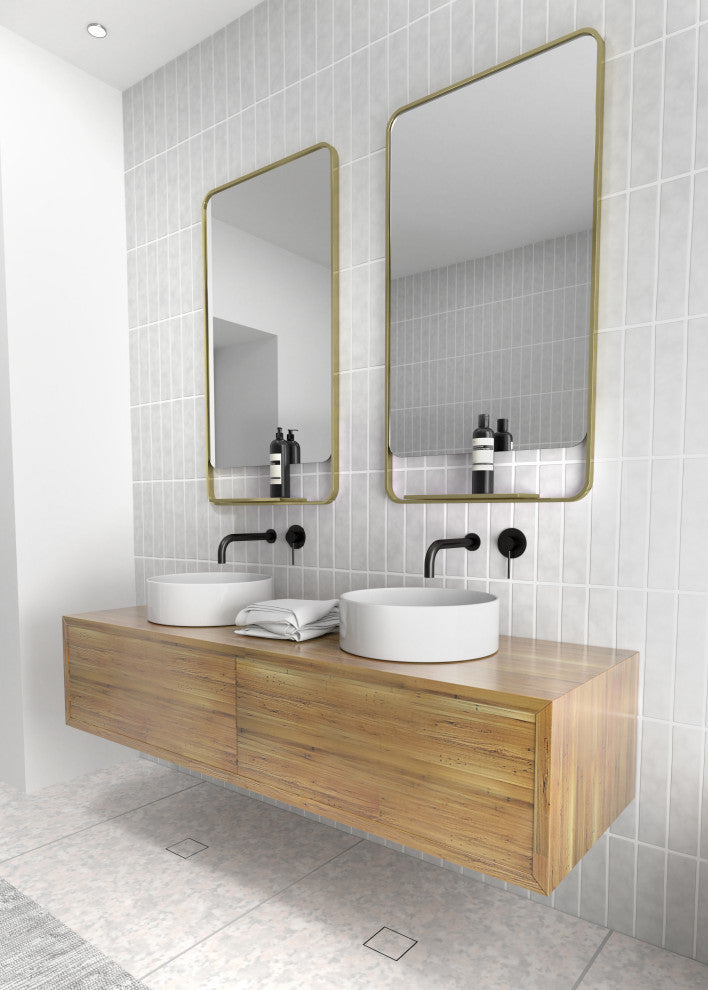 Radius Corner Black Stainless Steel Framed Mirror With Shelf, Satin Brass